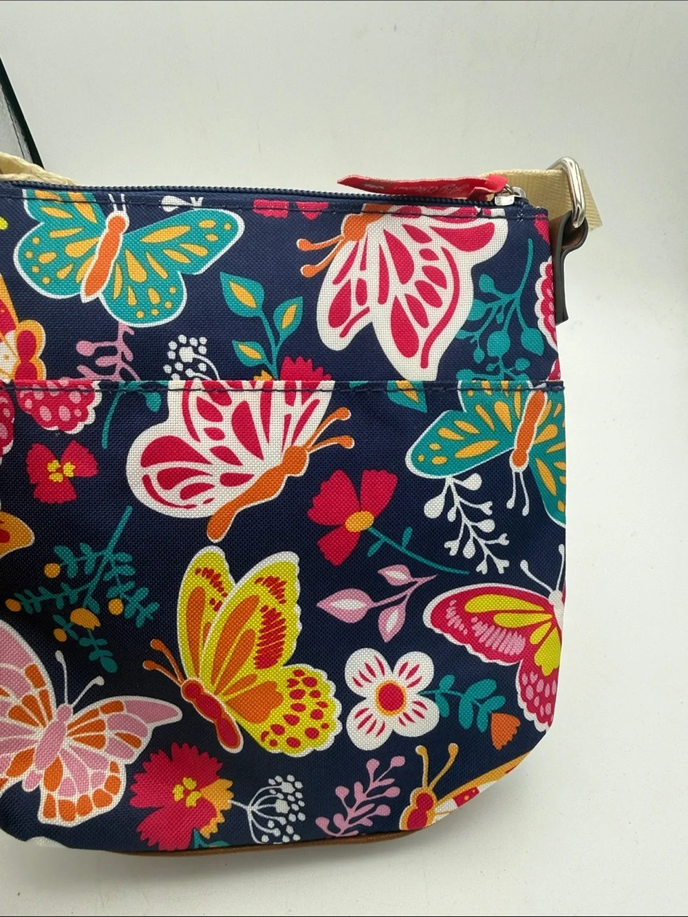 Lily Bloom Navy Floral & Butterfly mini Crossbody with Cream Strap 7.5”x7.5”